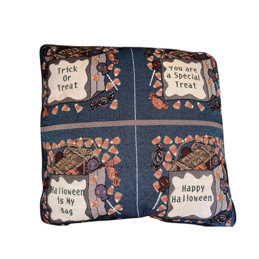 Vintage Halloween Tapestry Throw Pillow Trick Or Treat Candy Corn Decor Square